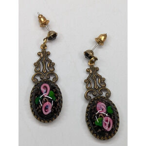 VTG Sadie Green Art Glass Rose Bronze Drop Cabochon Pierced Earrings 1.75"